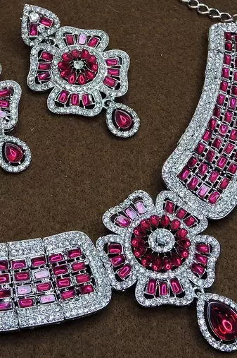 Pink rhodium premium designer american diamond and stone work necklace set