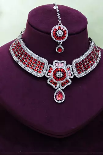Red rhodium premium designer american diamond and stone work necklace set