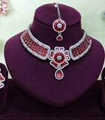 Red rhodium premium designer american diamond and stone work necklace set