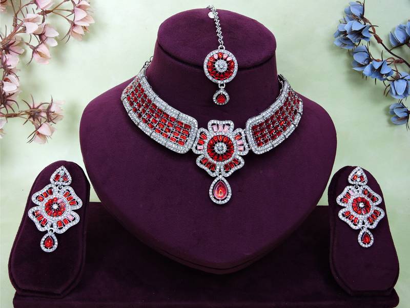 Red rhodium premium designer american diamond and stone work necklace set