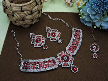 Red rhodium premium designer american diamond and stone work necklace set 2