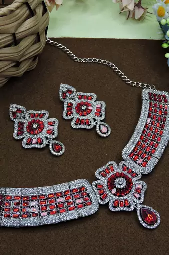 Red rhodium premium designer american diamond and stone work necklace set
