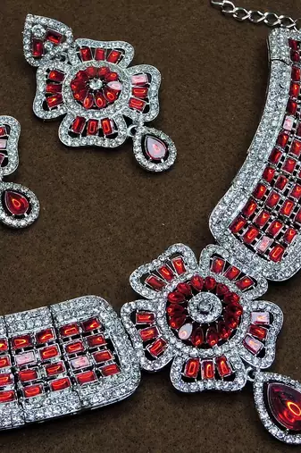 Red rhodium premium designer american diamond and stone work necklace set