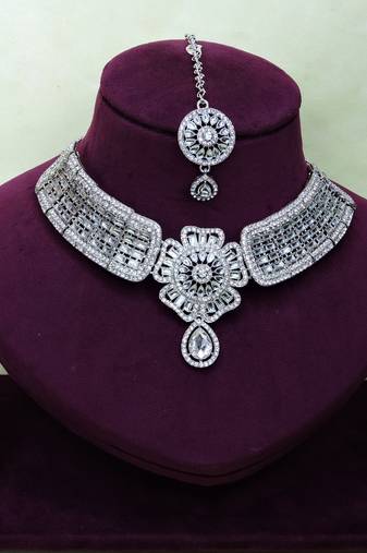 White rhodium premium designer american diamond and stone work necklace set