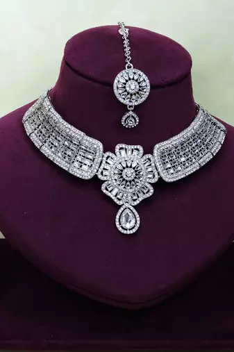 White rhodium premium designer american diamond and stone work necklace set