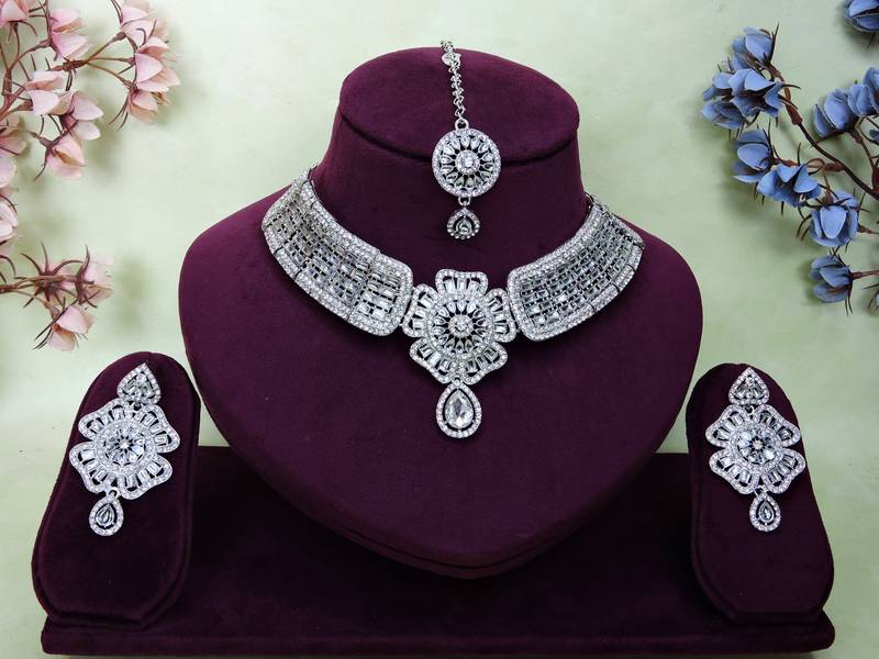 White rhodium premium designer american diamond and stone work necklace set