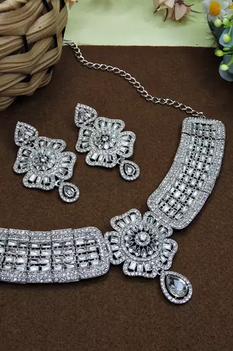 White rhodium premium designer american diamond and stone work necklace set