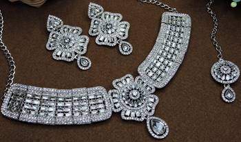White rhodium premium designer american diamond and stone work necklace set 3