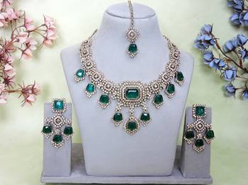 Green yellow gold premium designer american diamond and stone work necklace set 1
