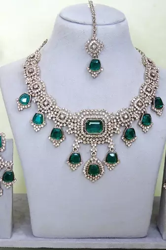 Green yellow gold premium designer american diamond and stone work necklace set