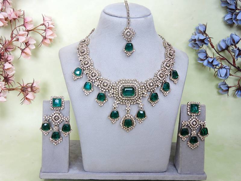 Green yellow gold premium designer american diamond and stone work necklace set
