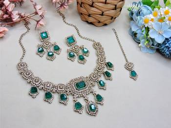 Green yellow gold premium designer american diamond and stone work necklace set 2