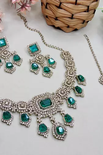 Green yellow gold premium designer american diamond and stone work necklace set