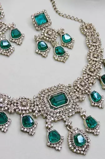 Green yellow gold premium designer american diamond and stone work necklace set