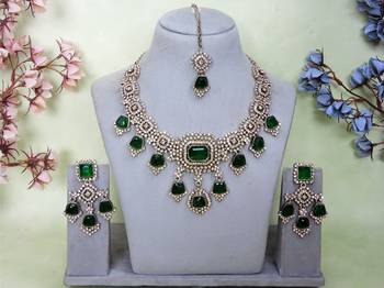 Green yellow gold premium designer american diamond and stone work necklace set 1