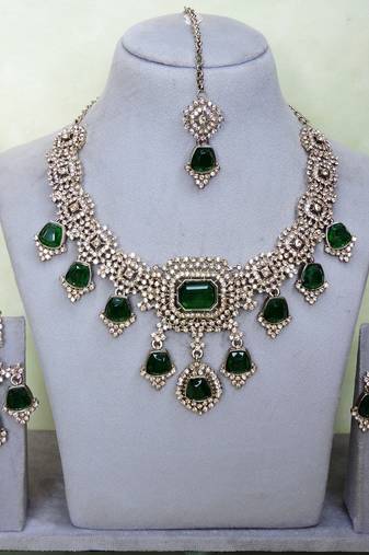 Green yellow gold premium designer american diamond and stone work necklace set