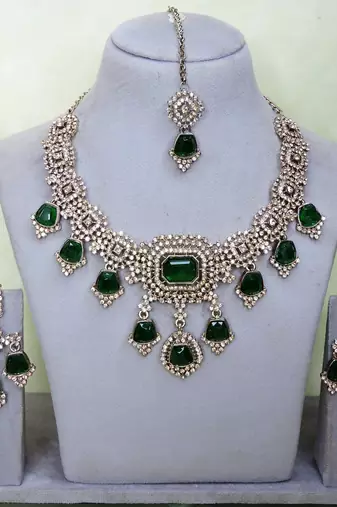 Green yellow gold premium designer american diamond and stone work necklace set