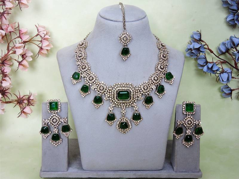 Green yellow gold premium designer american diamond and stone work necklace set