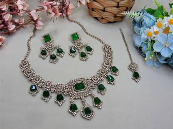 Green yellow gold premium designer american diamond and stone work necklace set 2