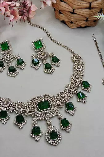 Green yellow gold premium designer american diamond and stone work necklace set