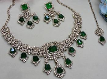 Green yellow gold premium designer american diamond and stone work necklace set 3