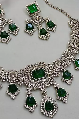 Green yellow gold premium designer american diamond and stone work necklace set