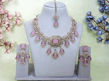 Purple yellow gold premium designer american diamond and stone work necklace set 1