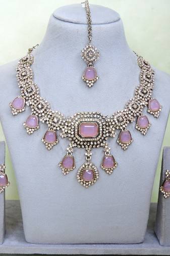 Purple yellow gold premium designer american diamond and stone work necklace set