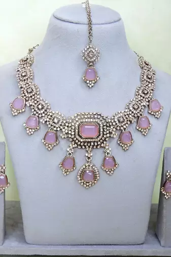 Purple yellow gold premium designer american diamond and stone work necklace set