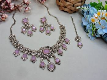 Purple yellow gold premium designer american diamond and stone work necklace set 2