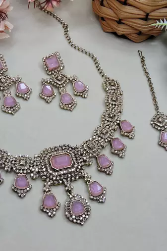 Purple yellow gold premium designer american diamond and stone work necklace set