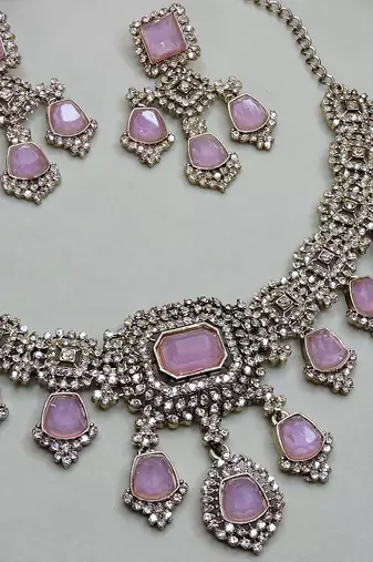Purple yellow gold premium designer american diamond and stone work necklace set