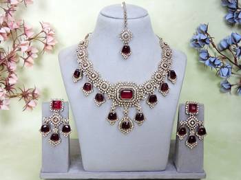 Maroon yellow gold premium designer american diamond and stone work necklace set 1