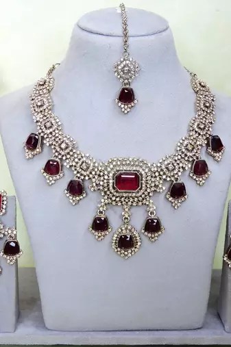 Maroon yellow gold premium designer american diamond and stone work necklace set