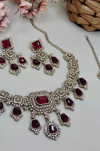 Maroon yellow gold premium designer american diamond and stone work necklace set