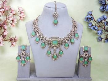 Green yellow gold premium designer american diamond and stone work necklace set 1