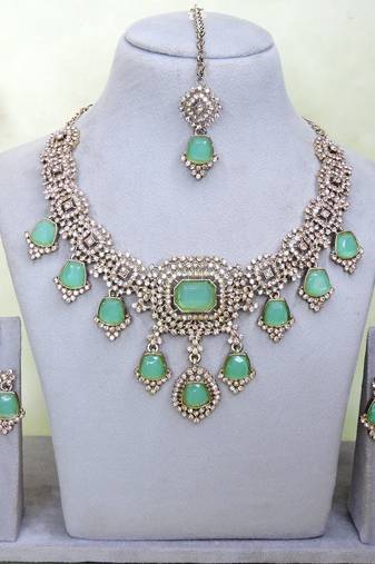 Green yellow gold premium designer american diamond and stone work necklace set