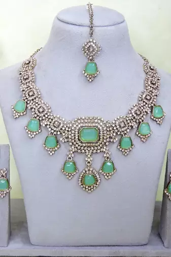 Green yellow gold premium designer american diamond and stone work necklace set