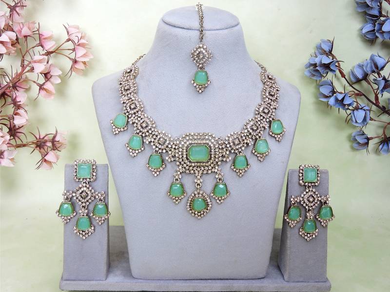 Green yellow gold premium designer american diamond and stone work necklace set