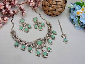 Green yellow gold premium designer american diamond and stone work necklace set 2