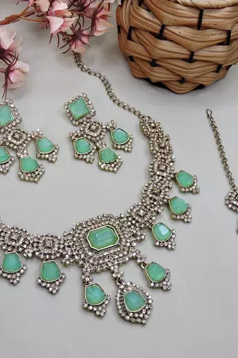 Green yellow gold premium designer american diamond and stone work necklace set