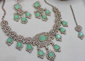 Green yellow gold premium designer american diamond and stone work necklace set 3