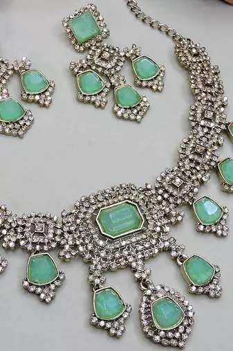 Green yellow gold premium designer american diamond and stone work necklace set
