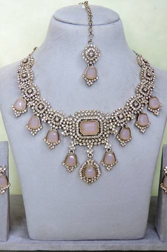 Pink yellow gold premium designer american diamond and stone work necklace set