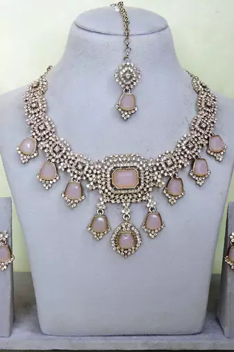 Pink yellow gold premium designer american diamond and stone work necklace set