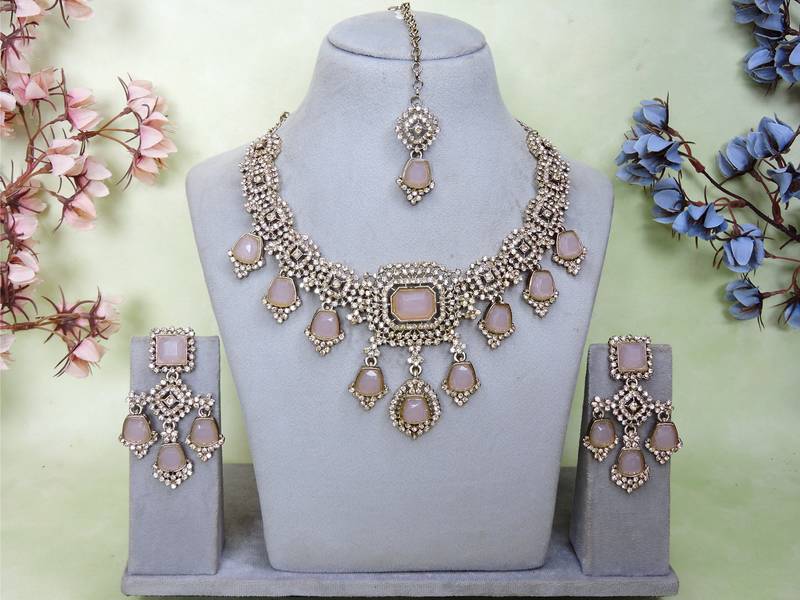 Pink yellow gold premium designer american diamond and stone work necklace set