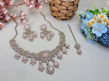 Pink yellow gold premium designer american diamond and stone work necklace set 2