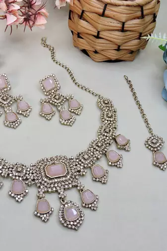 Pink yellow gold premium designer american diamond and stone work necklace set