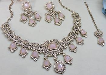 Pink yellow gold premium designer american diamond and stone work necklace set 3