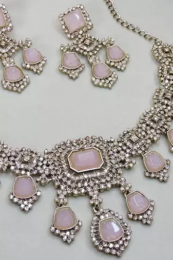 Pink yellow gold premium designer american diamond and stone work necklace set